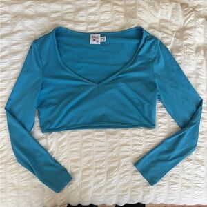Blue Long-Sleeve V-Neck Crop Top